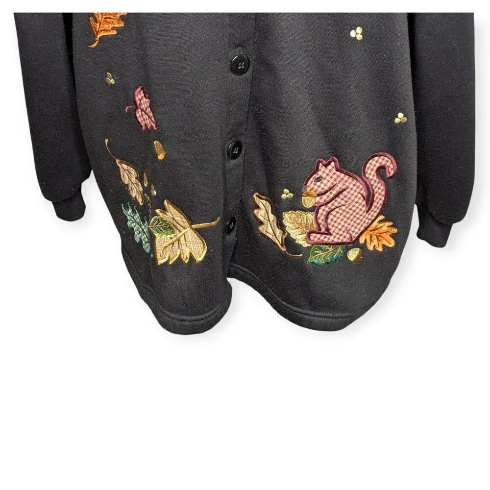 BonWorth Black Button Front Cardigan Leaf Squirrel & Fall Designs Size Large Pet
